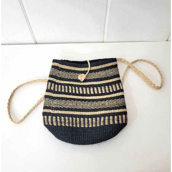 Abacá Handbags - Woven Abacá Black & Beige Backpack Bag With Braided Strap